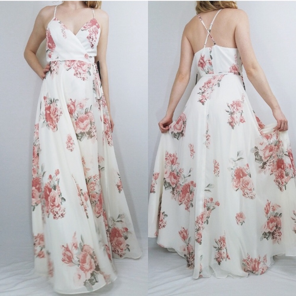 LULUS ELEGANTLY INCLINED CREAM FLORAL MAXI DRESS
